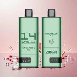 Lavie Cube 20000 Puffs Engangs Vape Vandmelon Is PUFFS: 20000 NIKOTINSALT: 2%, 5% VÆSKE: 28ML BATTERI: 600mAh OPLADNING: Type C VÆGT: 0,09 kg STØRRELSE: 11,2 x 4 x 1,75 cm